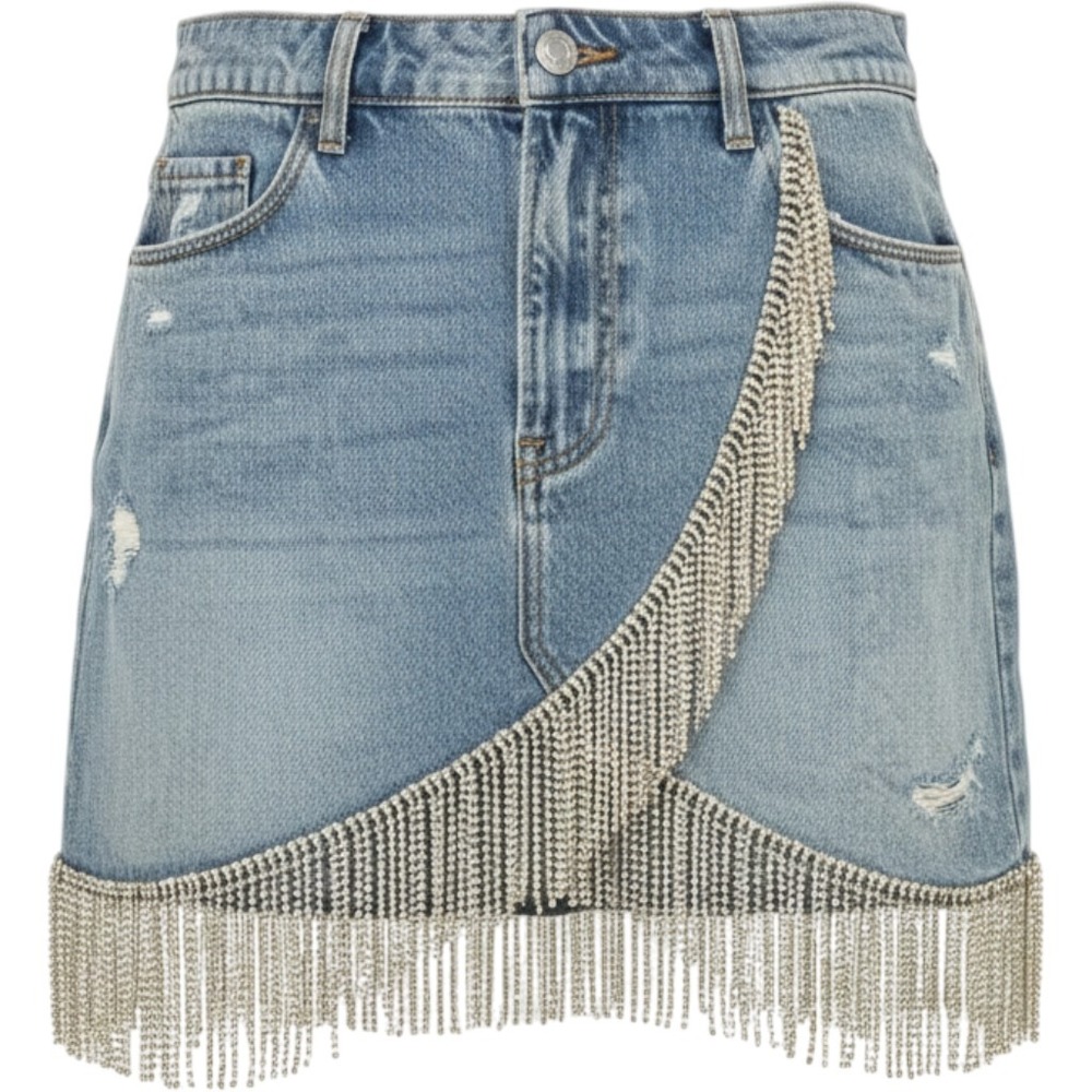 Denim Mini Skirt Rhinestone Fringe Distressed Western Glam Bachelorette Party 27